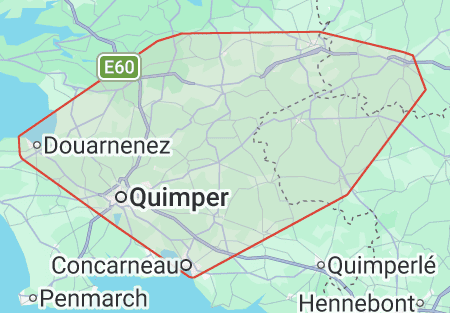 Carte du périmètre d'intervention pour travaux de menuiserie, portes, fenêtres et agencement autour de Gourin, Carhaix, le Finistère et le Morbihan.